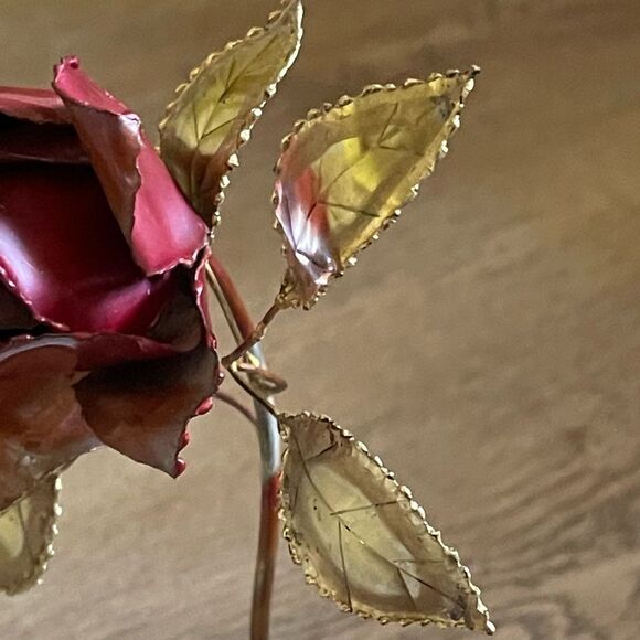 Vintage Single Rose Stem Painted Brass Copper Brutalist Metal Art Marble Base - Picture 12 of 16